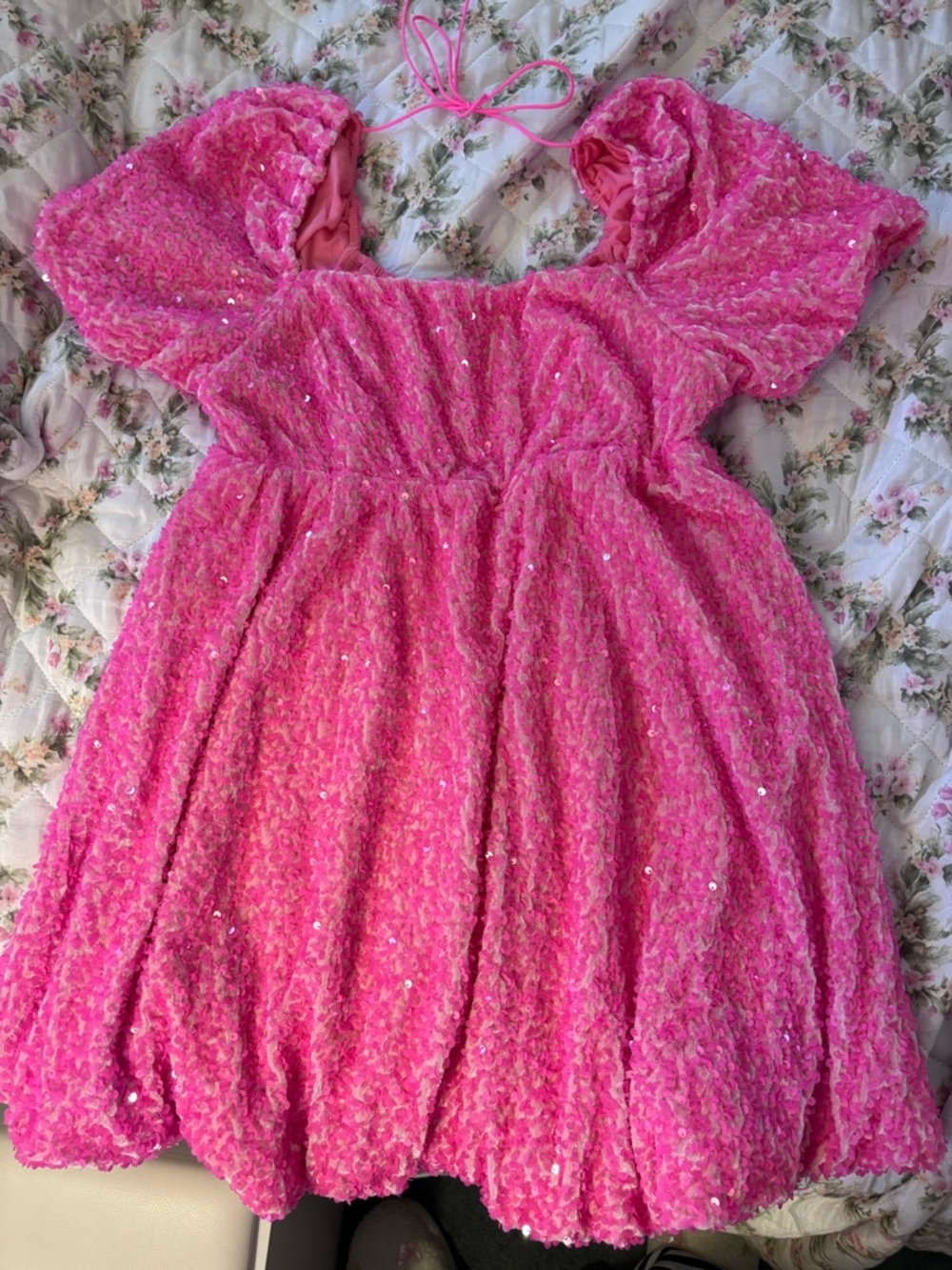 Bright Pink Sequin Puff Sleeve Dress